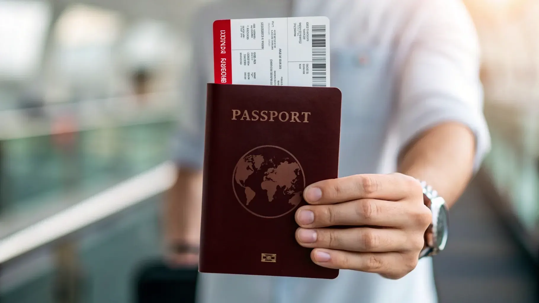 Hand holding a passport with a boarding pass tucked inside