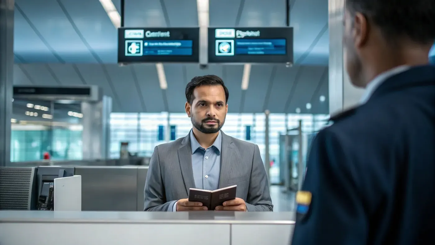 Traveller presenting a passport at an airport immigration counter