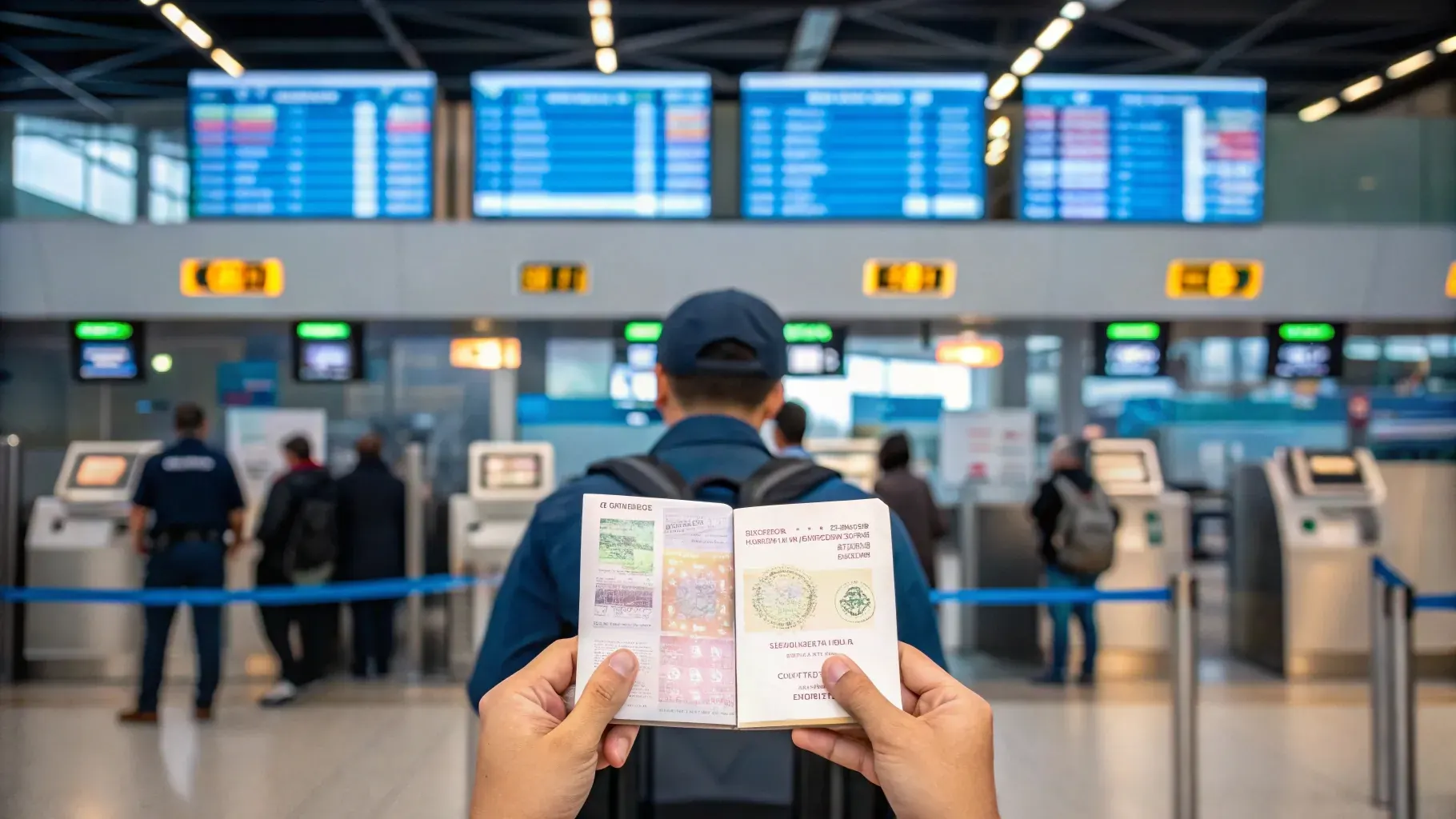 Traveller holding an open passport in the airport departures hall