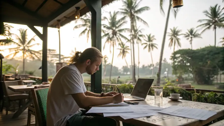 Digital nomad working with a laptop at an open-air cafe among palm trees