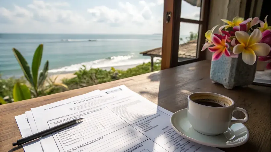 Visa application form and coffee on a desk with an ocean view
