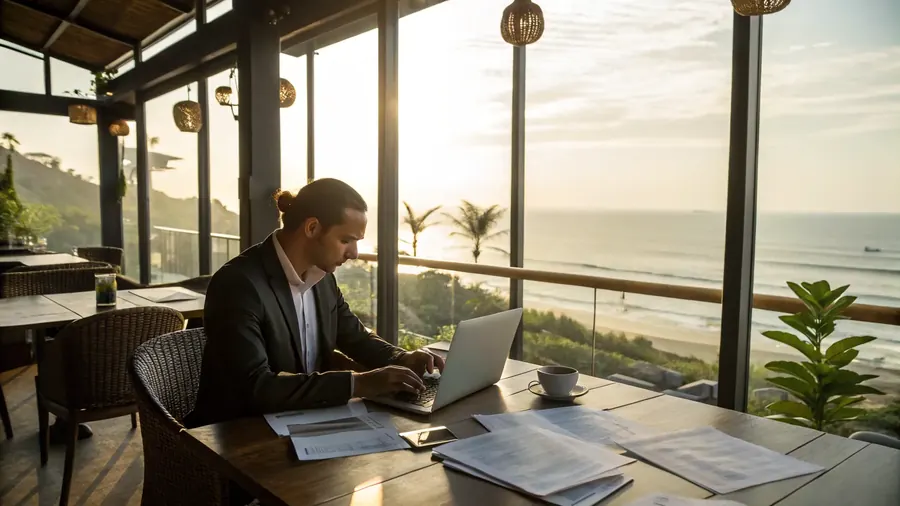Businessman working on documents and a laptop overlooking the sea