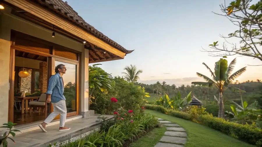 Long-stay resident stepping out of a Balinese villa into the garden