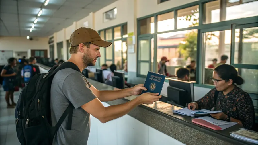 Tourist handing a passport to an officer at an immigration office counter