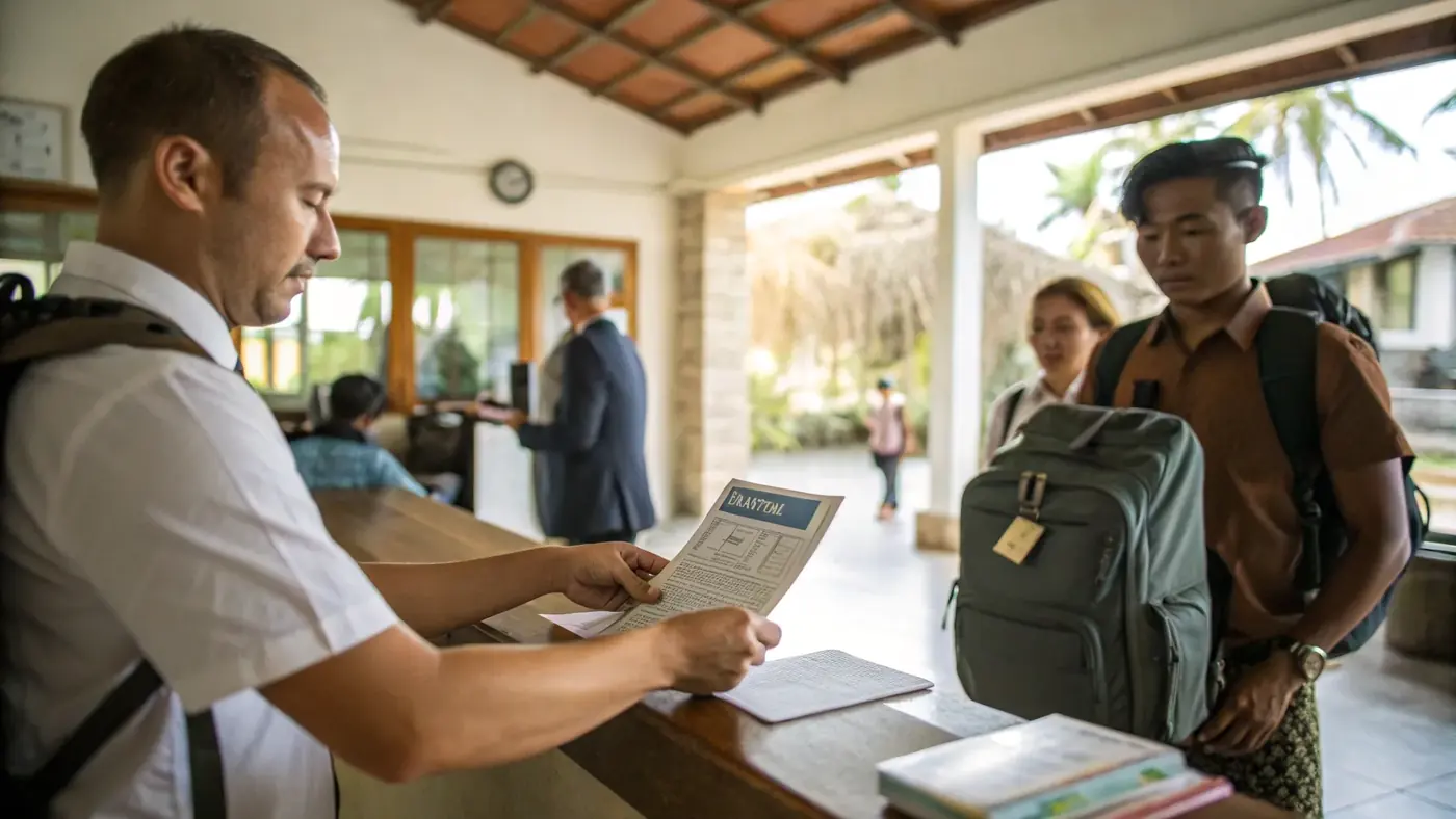 Visa agent reviewing documents with travellers at a Bali office