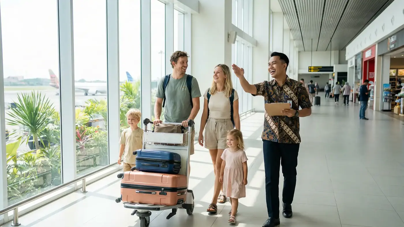 Family with luggage trolley met by a guide in an airport terminal