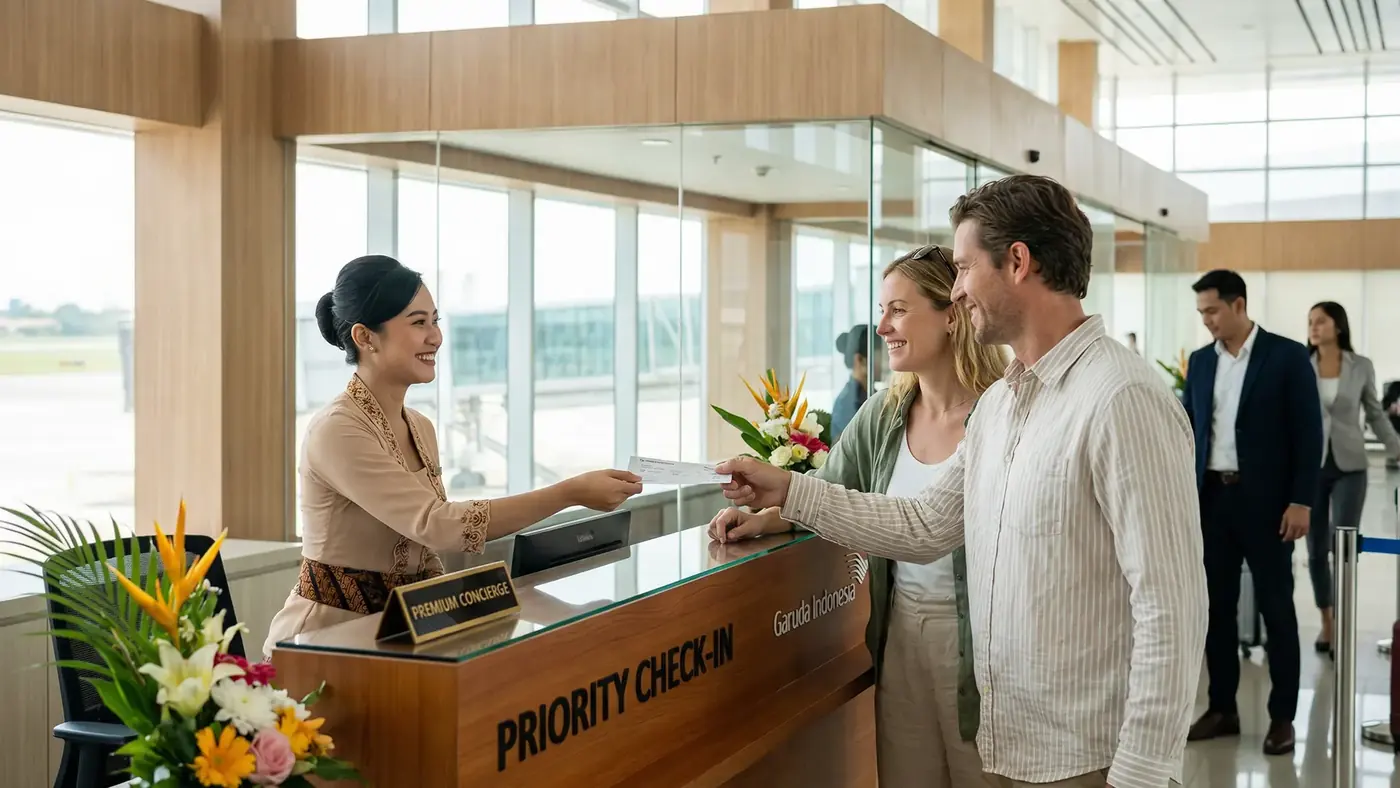 Couple checking in at a priority check-in desk with tropical flowers