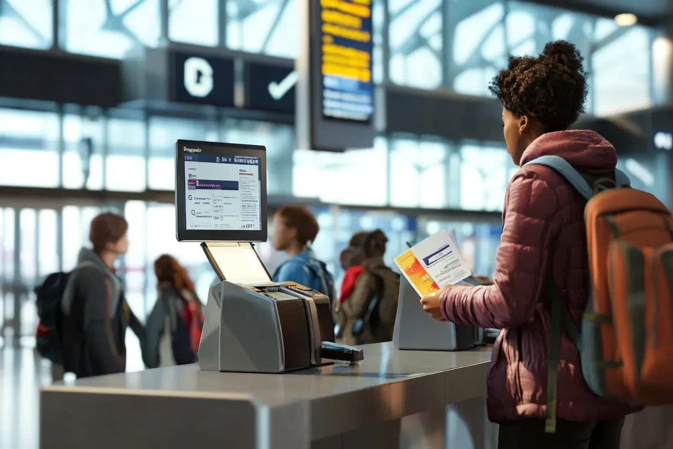 Traveller with backpack at a self check-in kiosk in a bright terminal