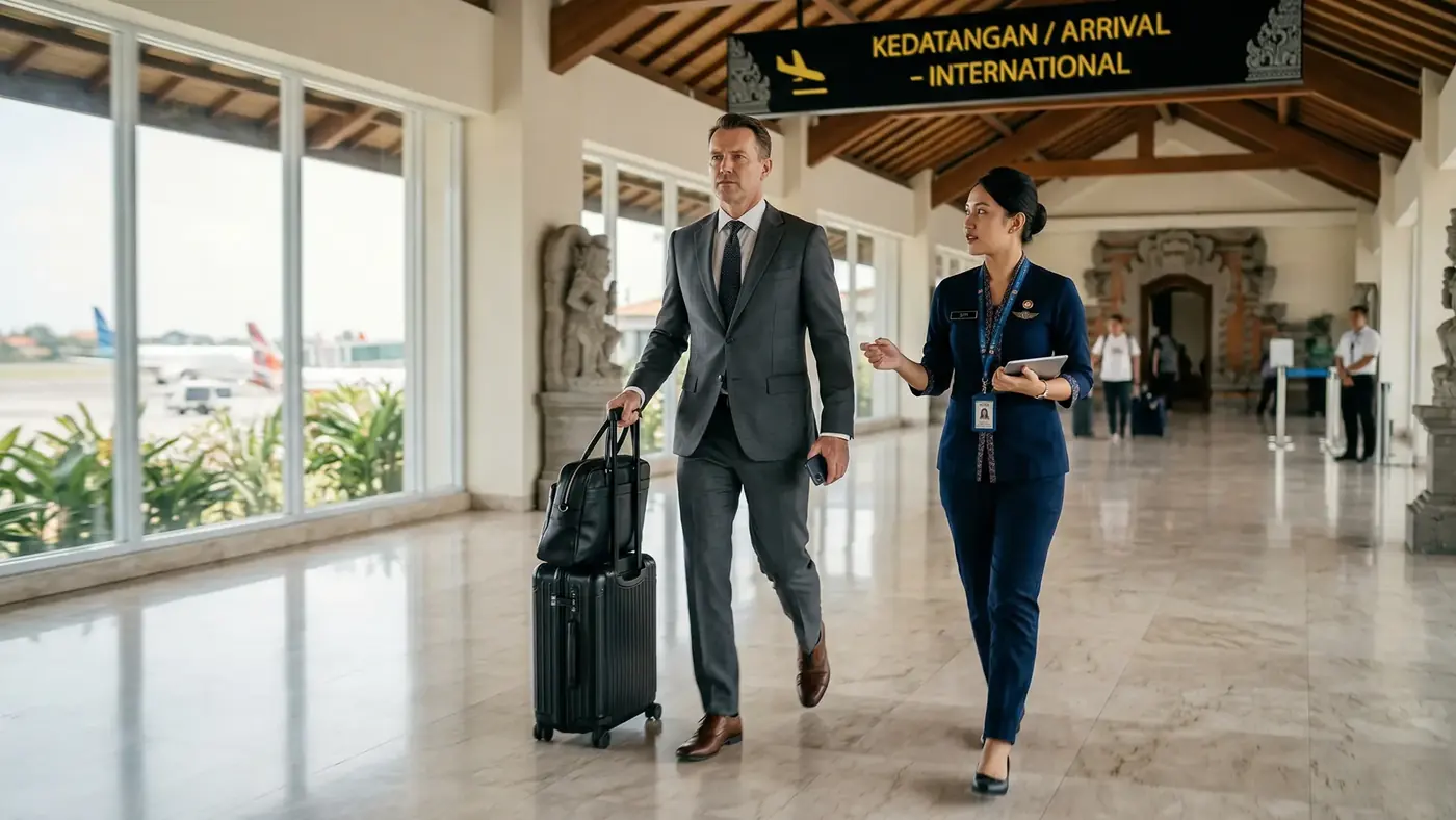 Airport staff escorting a business traveller through a Bali arrivals hall