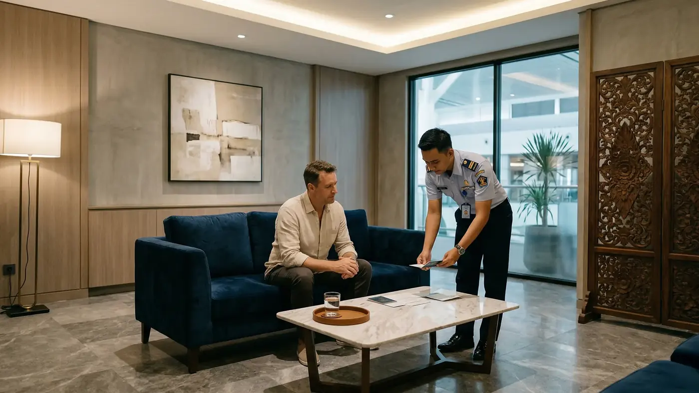 Officer assisting a traveller in a private VIP immigration lounge