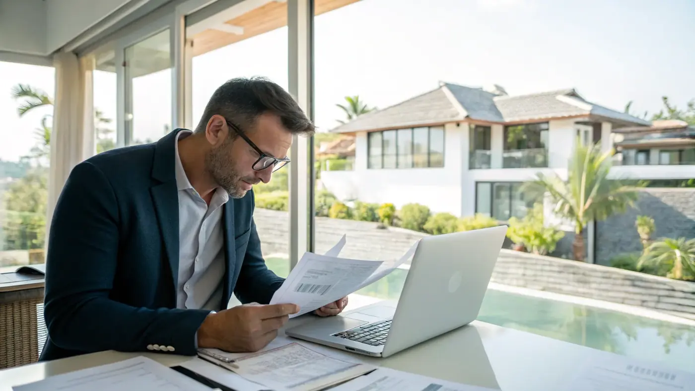Businessman reading documents beside a laptop by a pool