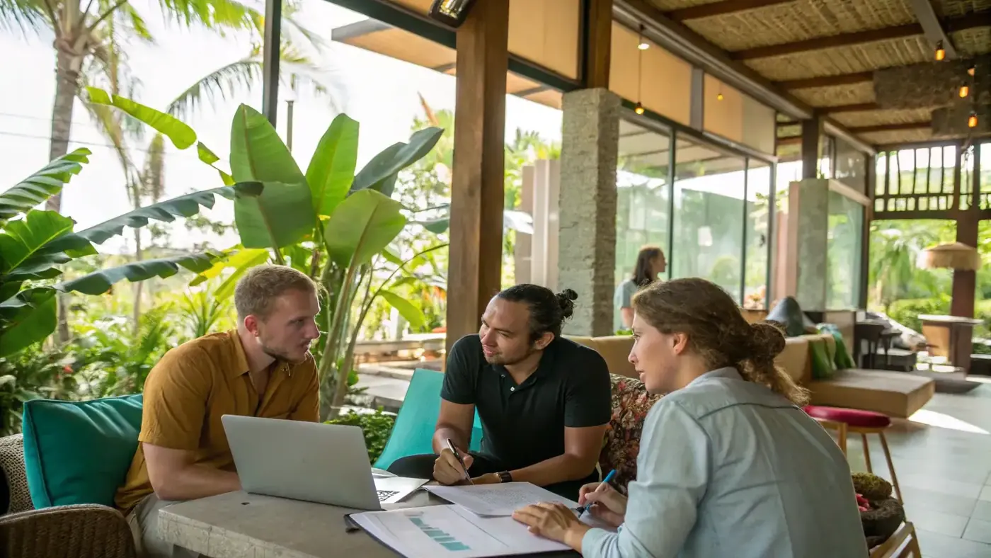 Visa consultant reviewing documents with two clients at a Bali office