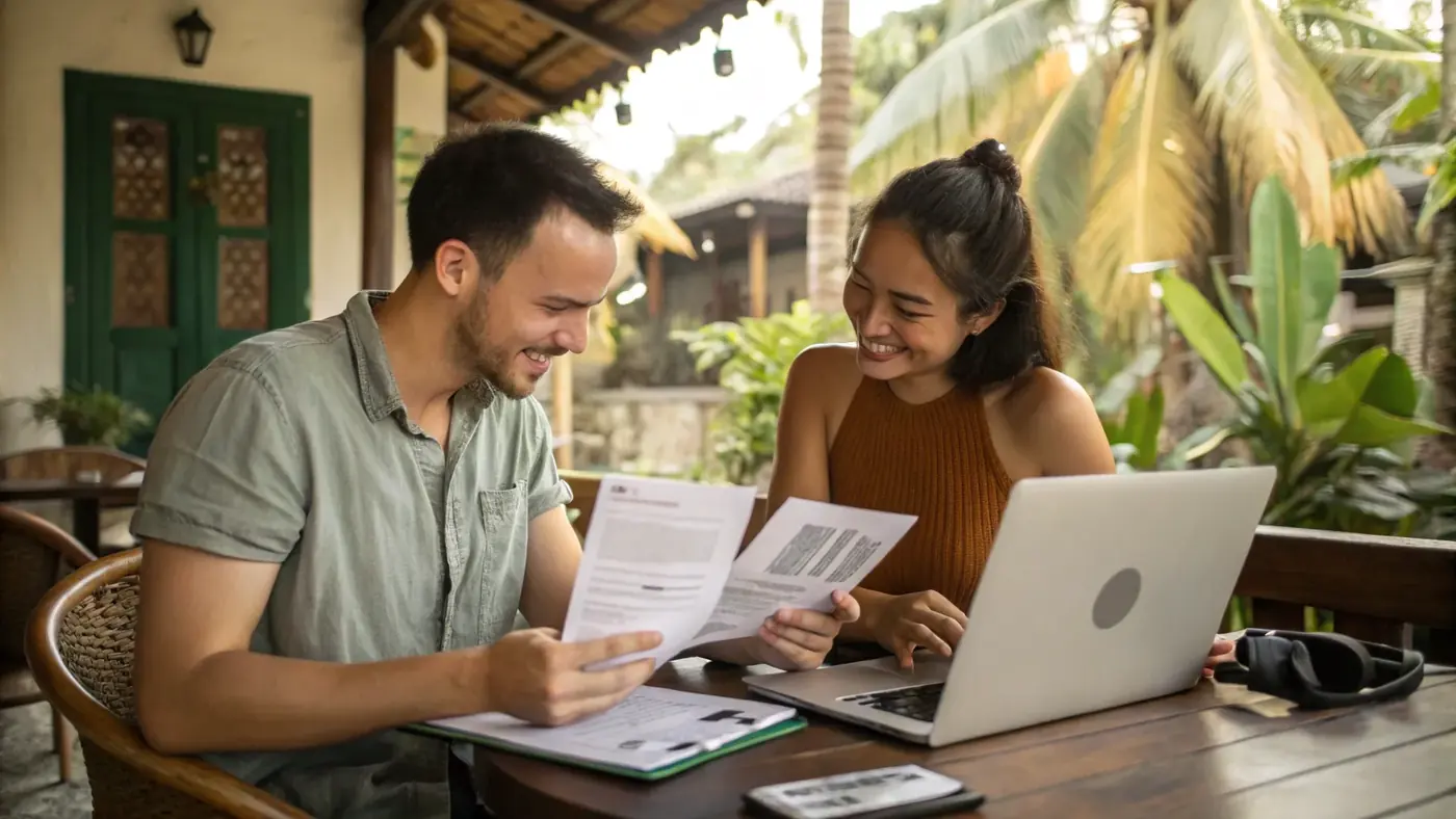 Couple reviewing visa documents together beside a laptop