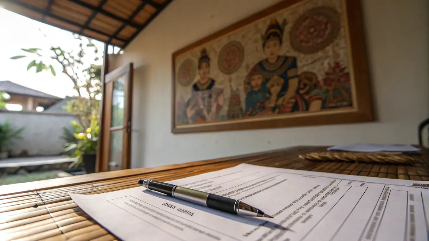 Application form and pen on a wooden desk in a Balinese room