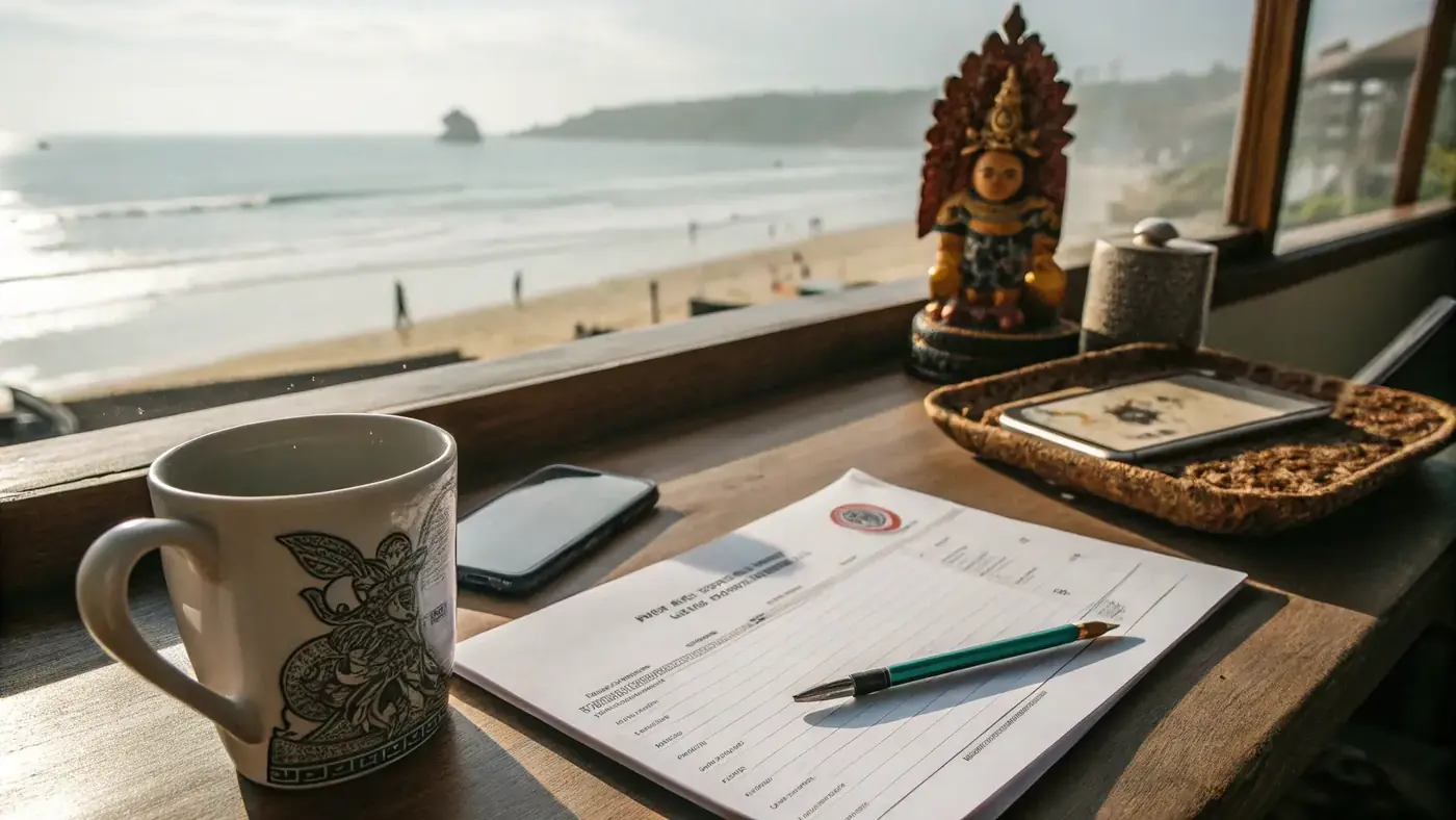 Application forms and a coffee mug on a desk facing the beach