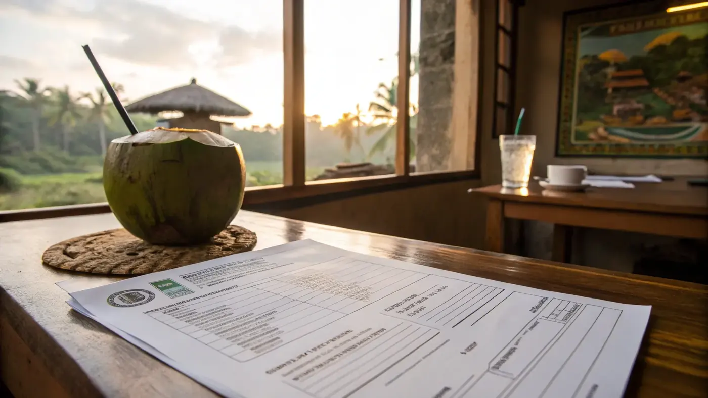 Visa forms beside a fresh coconut on a window desk