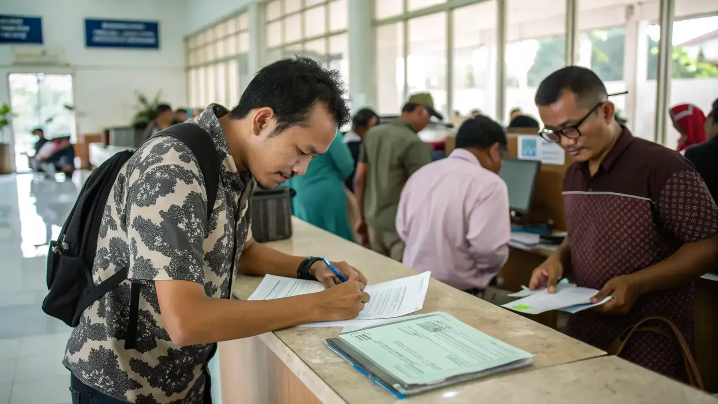 Applicants completing paperwork at a busy immigration counter
