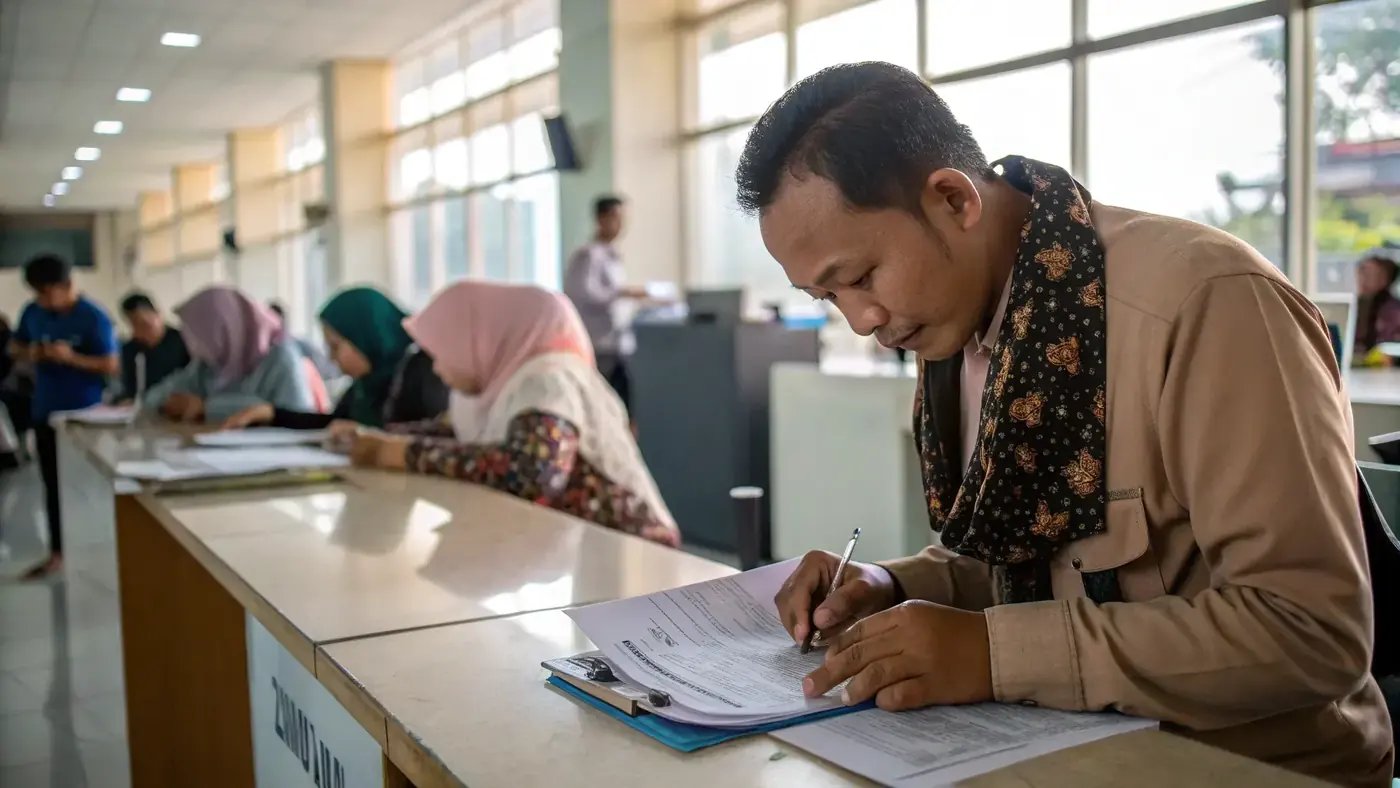 Man filling in an application form at an immigration office desk