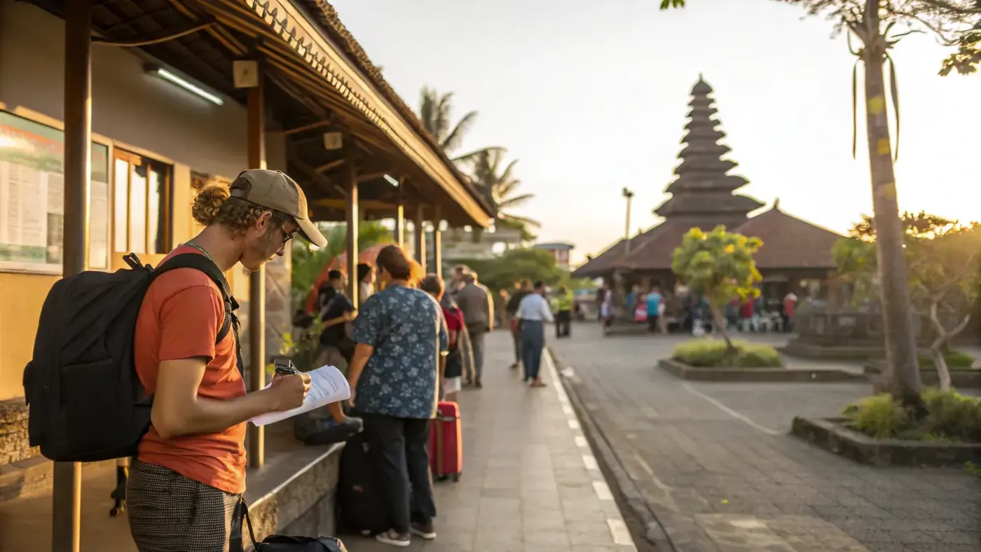 Travellers filling forms outside a Bali immigration office