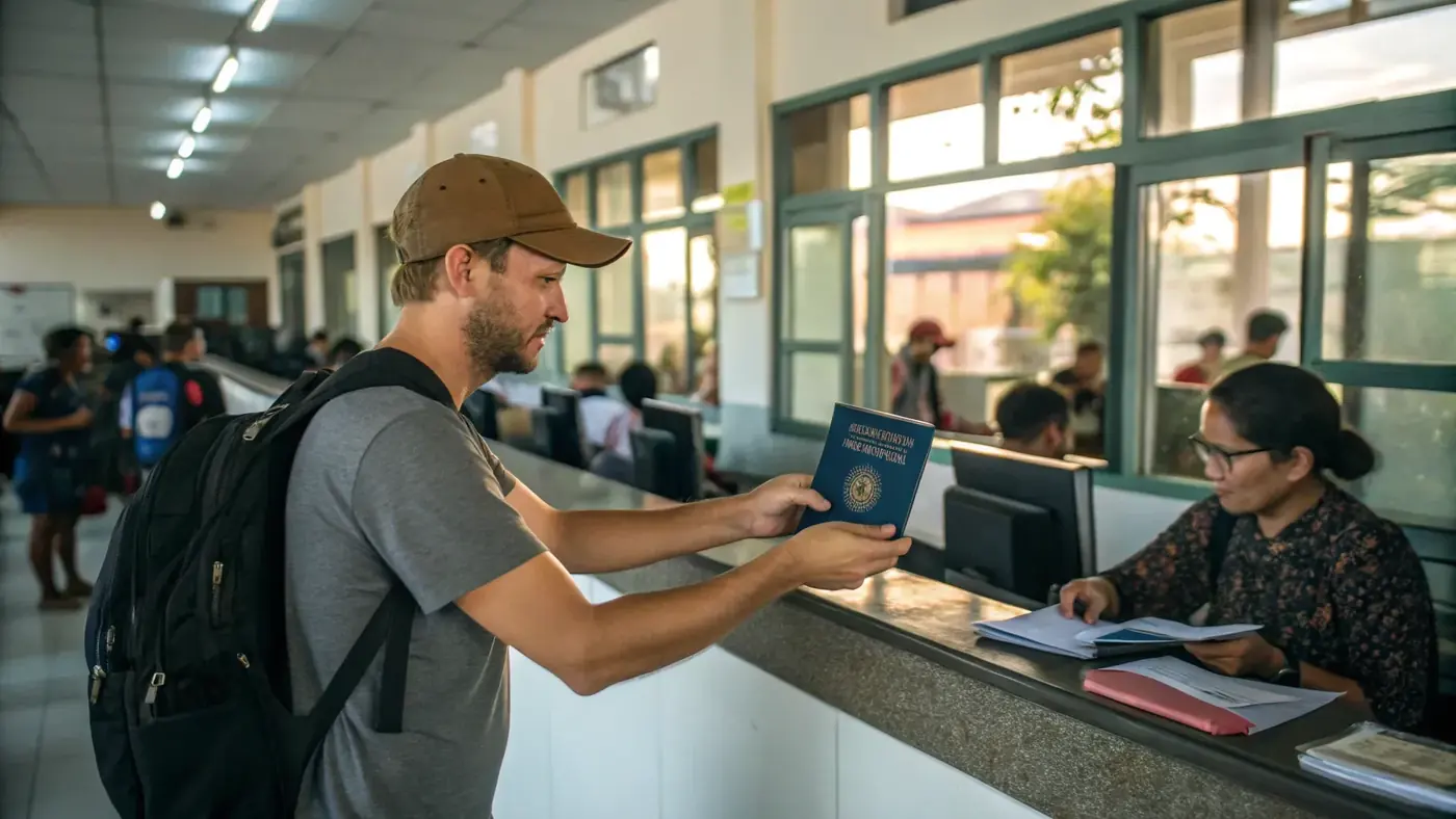 Tourist handing a passport to an officer at an immigration office counter