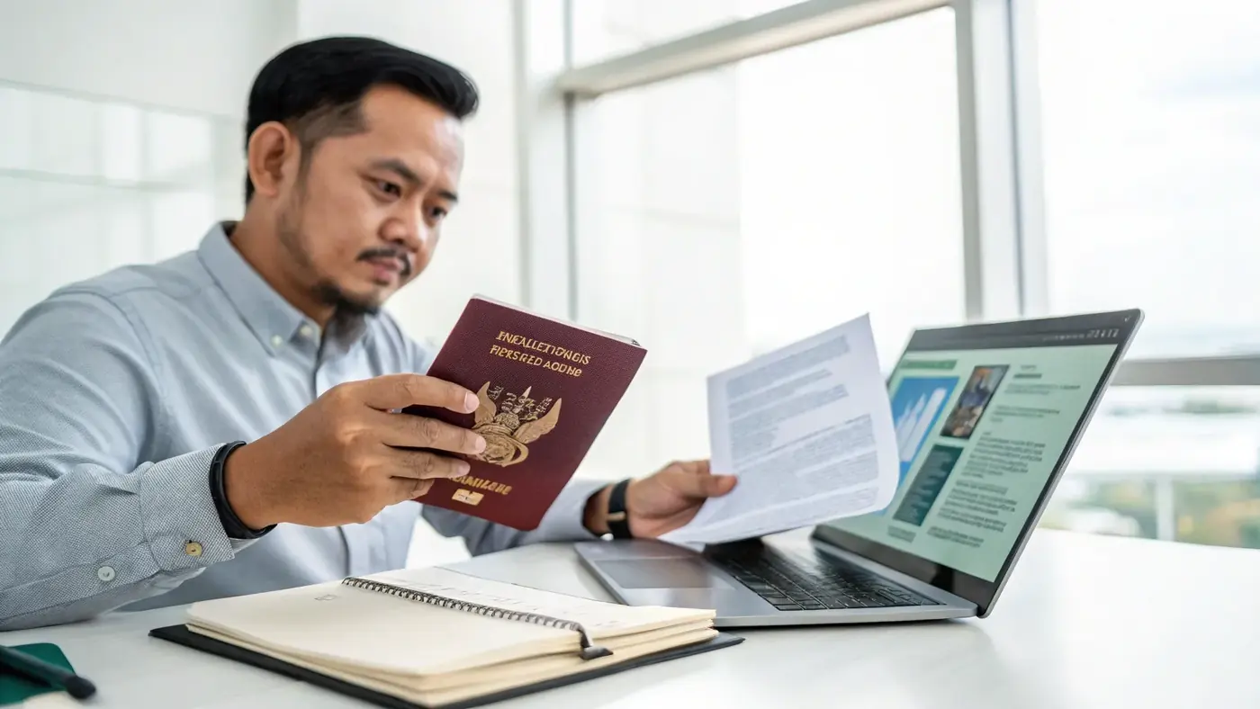 Man holding a passport and papers beside a laptop