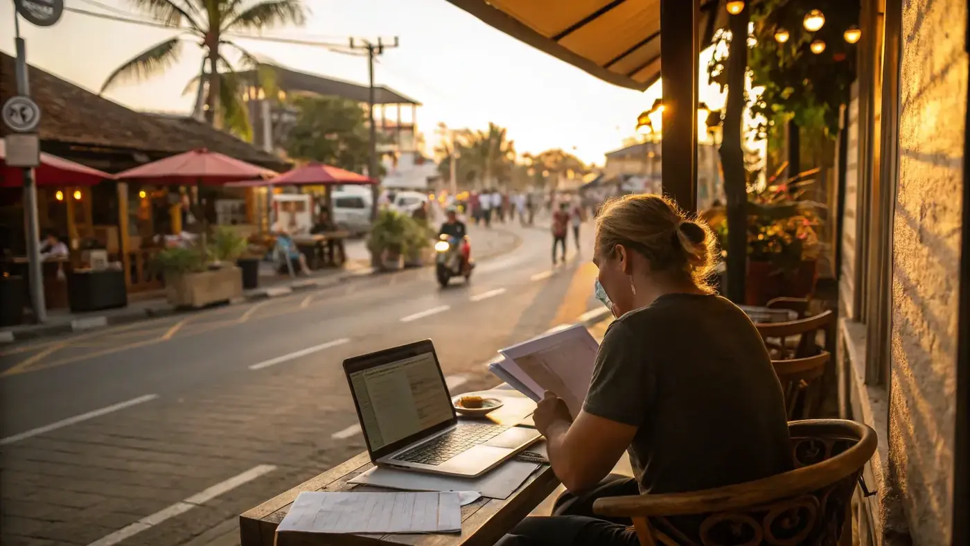 Traveller working on a laptop at a street-side Bali cafe