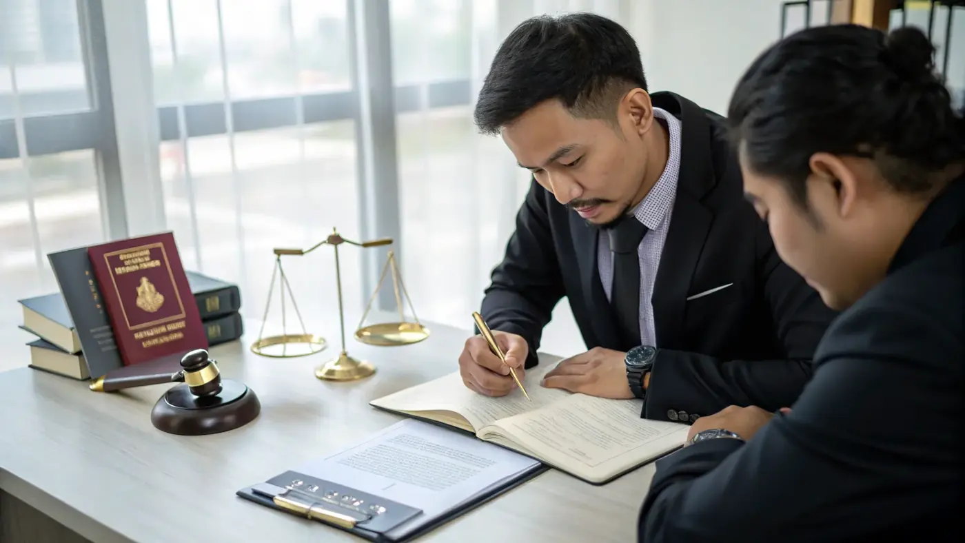 Legal advisers preparing immigration paperwork beside a passport