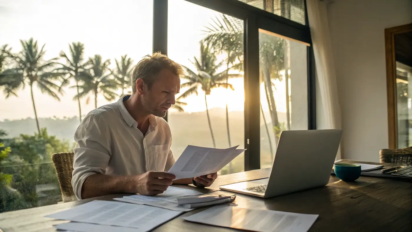 Man reading paperwork at a laptop in an open villa office