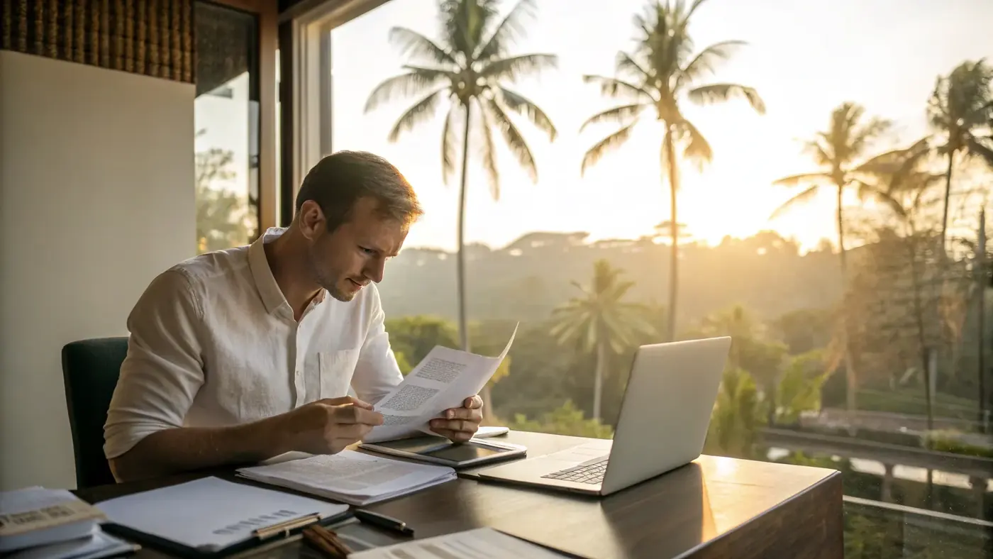 Man reviewing documents at a laptop with palm trees at sunset