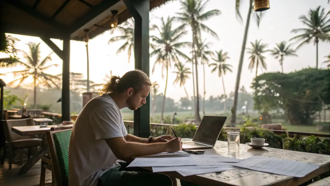 Digital nomad working at a laptop in an open-air cafe among palms