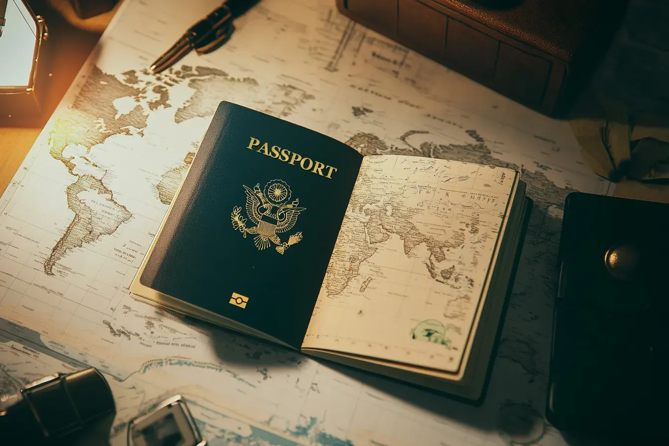 Passport resting on a travel map