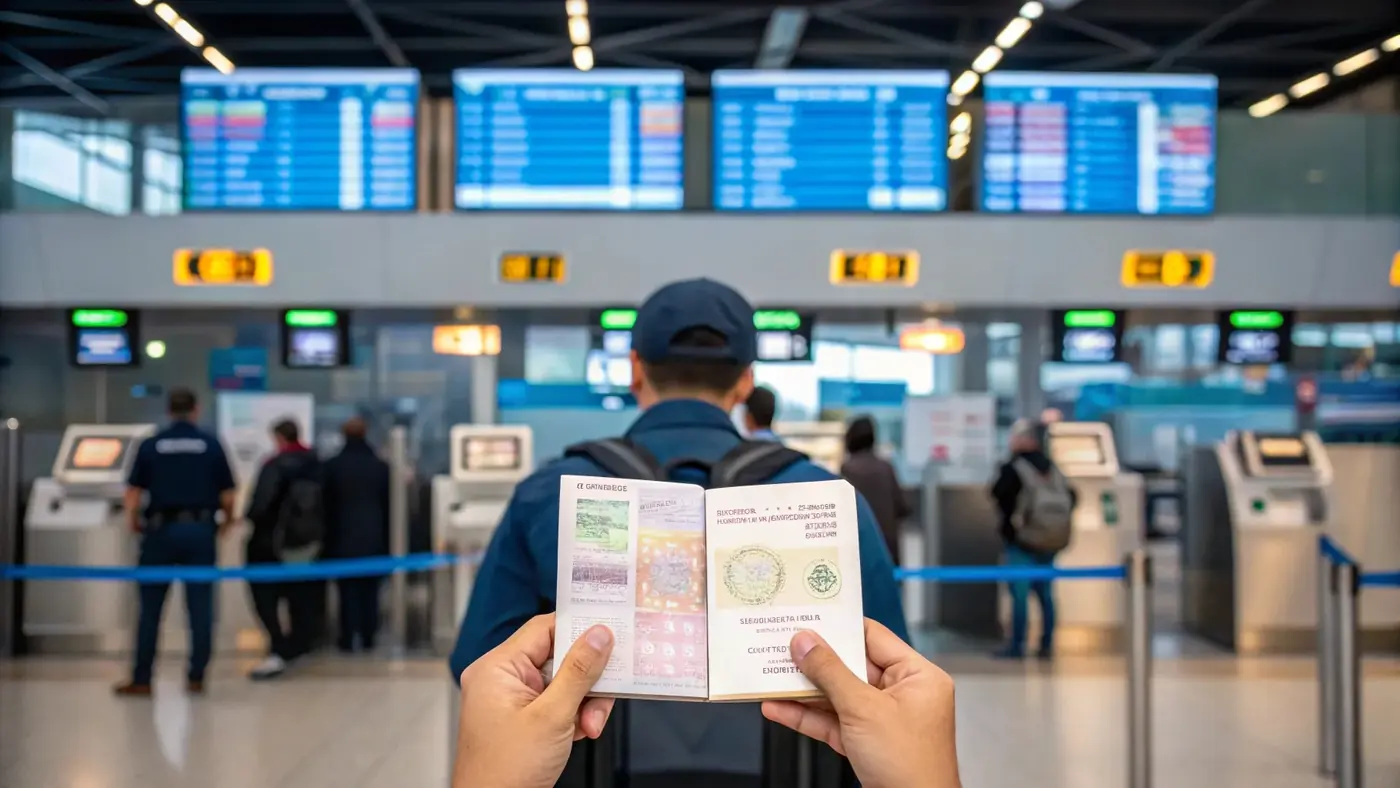 Traveller holding an open passport in an airport hall