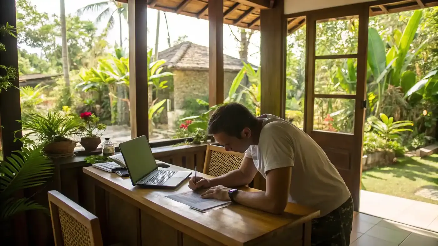 Remote worker filling in paperwork beside a laptop on a tropical veranda