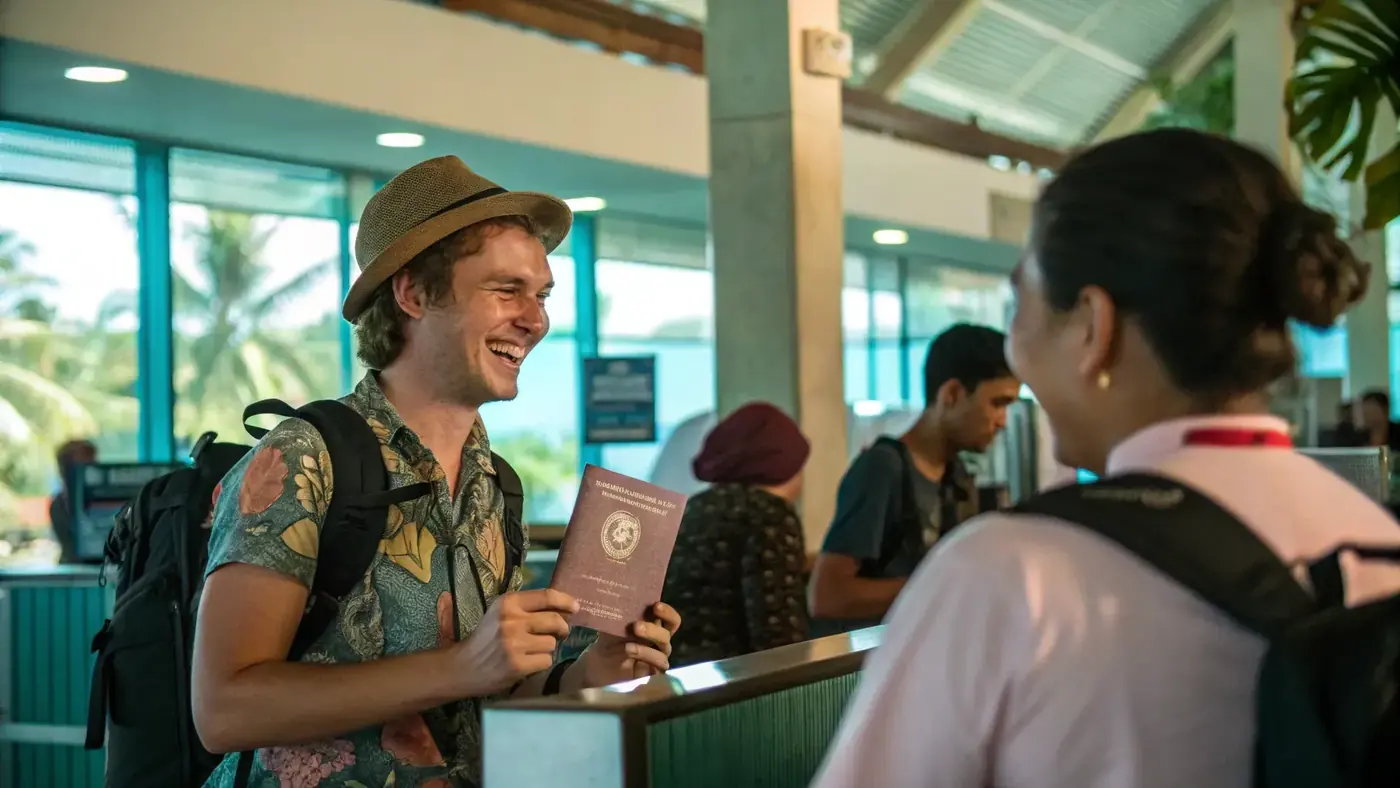 Smiling traveller showing a passport at an arrivals counter
