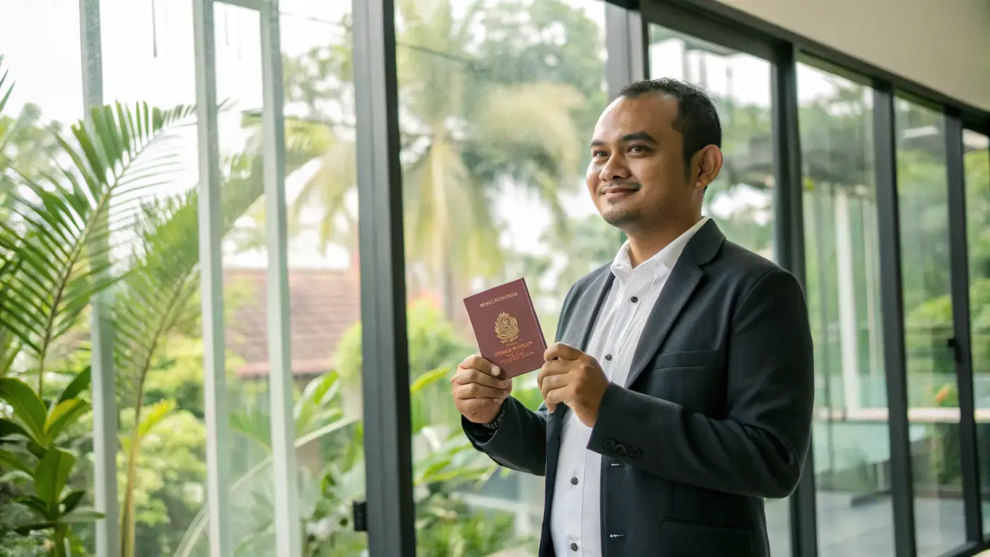 Man in a suit holding a passport in a bright villa