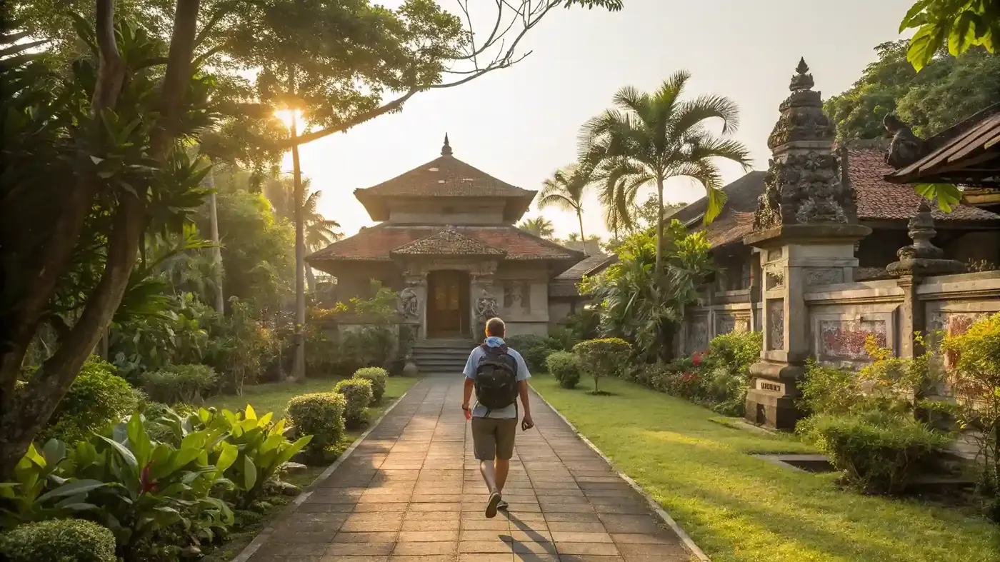 Traveller with a backpack walking a temple garden path