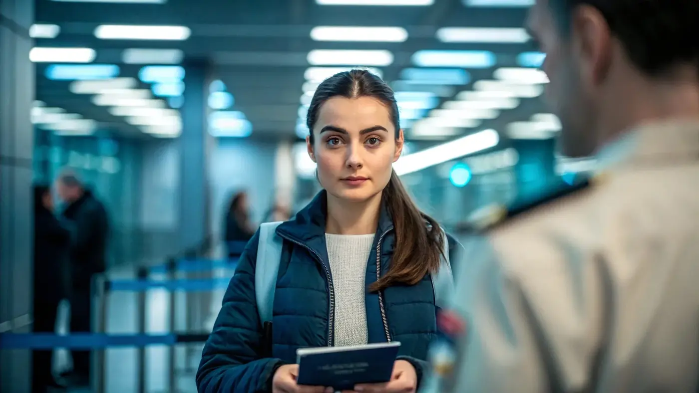 Traveller holding a passport at an airport immigration desk