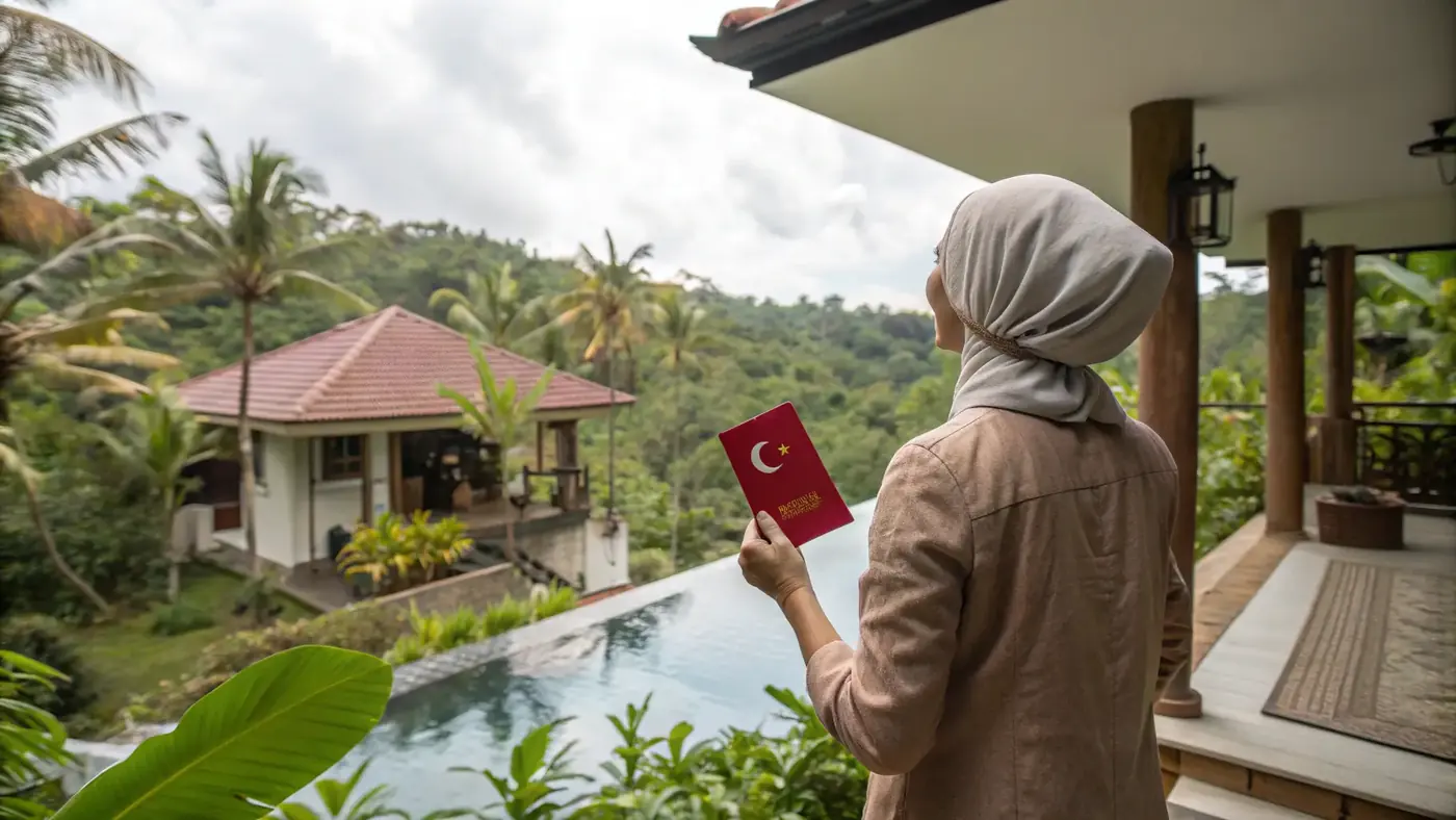 Woman holding a passport at a villa overlooking a pool